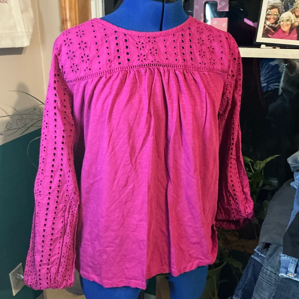 St. John Fuchsia Eyelet Long Sleeve Blouse